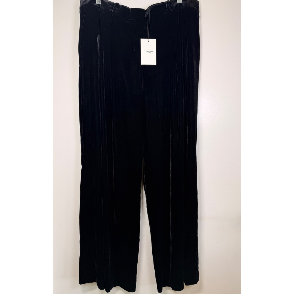 Theory Low Rise Pleated Velvet Pants Womens 12 Black New N1005209 Wide Leg Dress